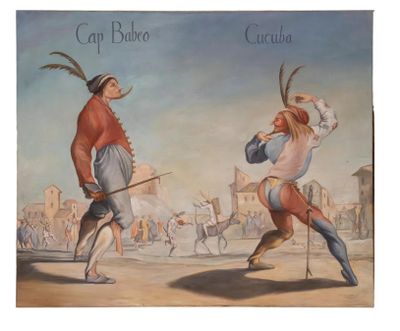 a painting of two men playing a game of tennis