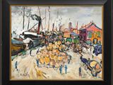 tableau représentant une scène portuaire avec des bateaux et des personnes se promenant sur la plage