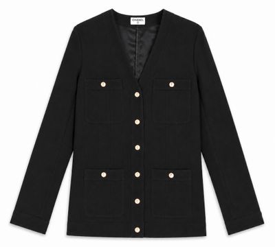 a picture of a black jacket with gold buttons on the front