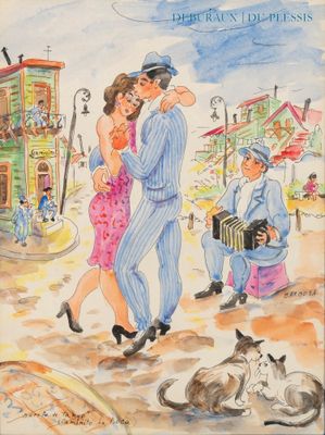 tableau représentant un homme et une femme dansant dans la rue avec un chat