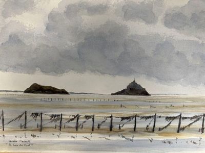 une aquarelle représentant une scène de plage avec un phare au loin