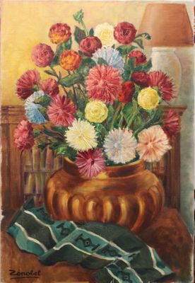a painting of flowers in a vase on a table