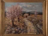 an oil painting of a landscape with a dirt road and trees