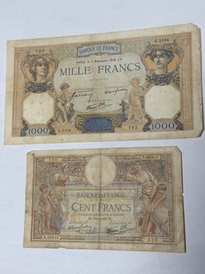 2 Billets : 1000 FF - 1938 et 100 FF - 1939