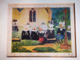 a painting of a group of women in front of a church