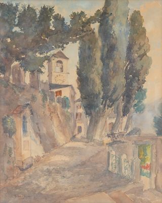 une image représentant un tableau d'une rue avec des arbres et un bâtiment