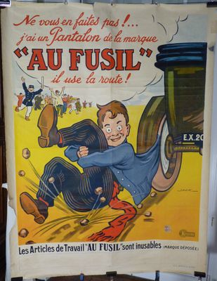 affiche française représentant un homme tombant d'une voiture dans un garage