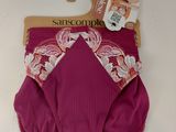 purple panties with pink lace trims and a tag on a hanger