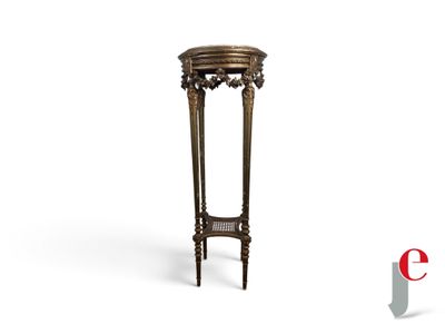 a small round table with a wooden top and a metal base