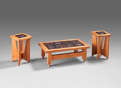 three wooden tables with mosaic tile top and legs