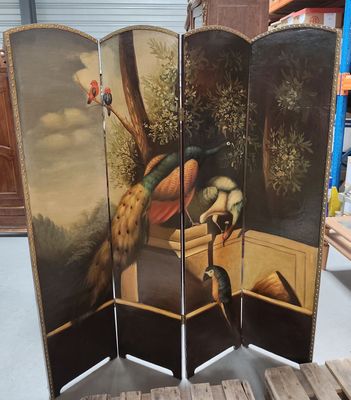 a room divider with a painting of birds on it