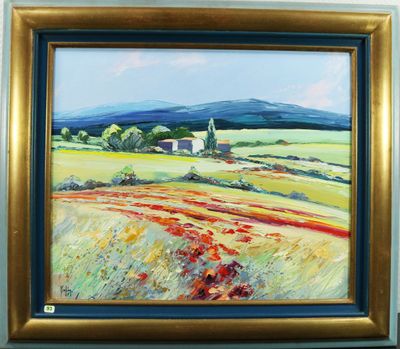 an oil painting of a field with a house in the distance