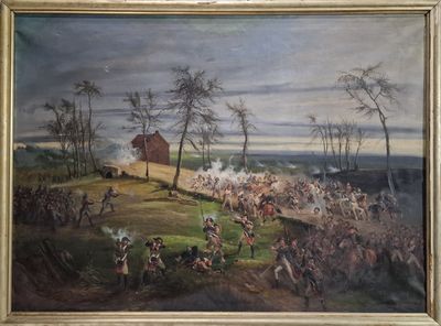 une peinture à l'huile représentant une bataille, avec un groupe d'hommes au premier plan