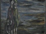 an oil painting of two people and a dog on a beach