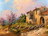 une peinture à l'huile représentant une maison située sur une colline surplombant une vallée