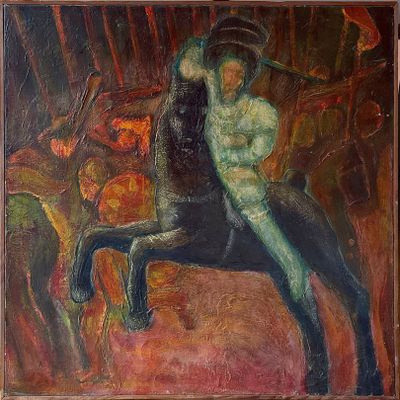 an oil painting of a man riding a horse in a wooded area