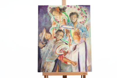a painting of a group of people on a easel
