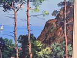 a picture of a painting of some trees by the water
