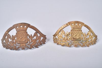 paire de broches en laiton représentant les armoiries d'une famille royale