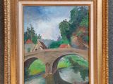 une peinture à l'huile représentant un pont enjambant une rivière, dans un cadre doré