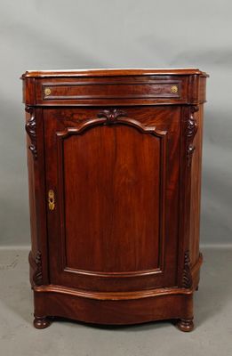 a wooden cabinet with a door and a drawer on top of it