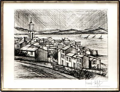 une image représentant un dessin d'une ville au bord de l'eau
