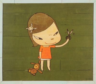a painting of a girl holding a pair of scissors