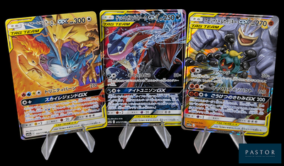 Quatre types différents de cartes Pokémon sont représentés sur un fond noir.