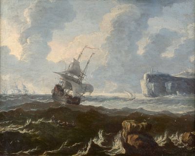 tableau représentant un navire en pleine mer agitée, avec des rochers en arrière-plan
