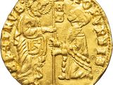 an image of a gold coin with a man holding a sword
