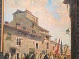 une peinture à l'huile représentant un groupe de personnes devant un bâtiment