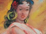 an oil painting of a woman in a pink dress with a flower in her hair