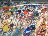 a painting of a group of people riding bicycles on a track
