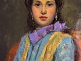 une peinture à l'huile représentant une femme en robe bleue tenant un bouquet de fleurs