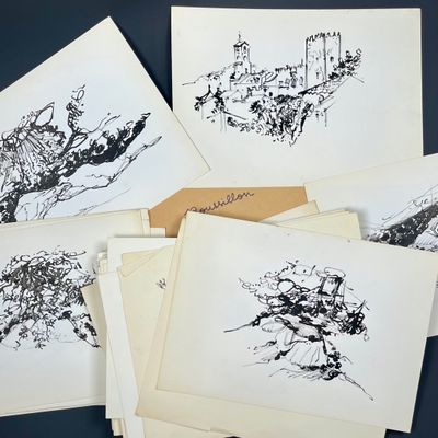six dessins à l'encre en noir et blanc représentant un groupe d'arbres