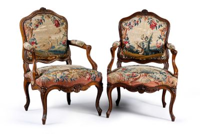 pair of louis xv style carved walnut armchairs with tapestry upholstered seats