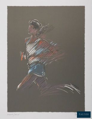 dessin représentant une femme en train de courir, une raquette de tennis à la main