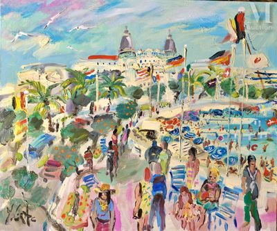 a painting of people walking on the beach near the water