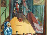 tableau représentant un instrument de musique dans une pièce dont les murs sont ornés de tableaux