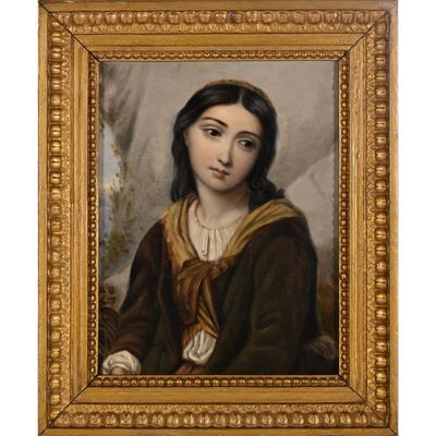 un tableau représentant une femme en robe marron, dans un cadre doré