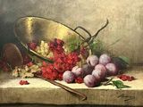 un tableau représentant un bol de prunes et de raisins posé sur un rebord