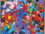 a large group of superheros are gathered together on a white background