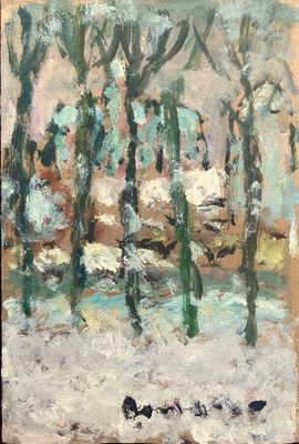 an oil painting of a snowy landscape with trees in the foreground