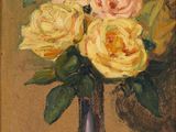 painting of yellow and pink roses in a glass vase on a table