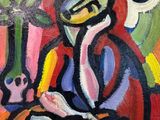 painting of a woman sitting at a table with a book and a cup of coffee