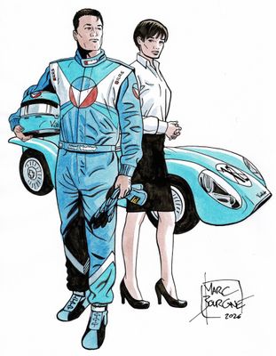 drawing of a man and a woman standing next to a car