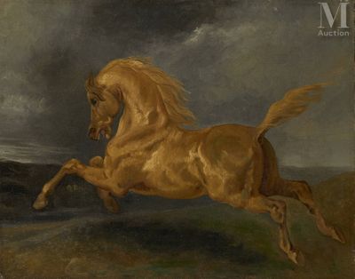 tableau représentant un cheval galopant dans un champ, avec un ciel orageux en arrière-plan