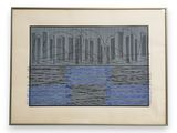 a painting of a cityscape with blue water in the foreground