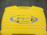a yellow plastic case with a blue and yellow sticker on it