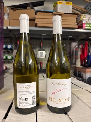 deux bouteilles de vin posées sur une table dans un magasin